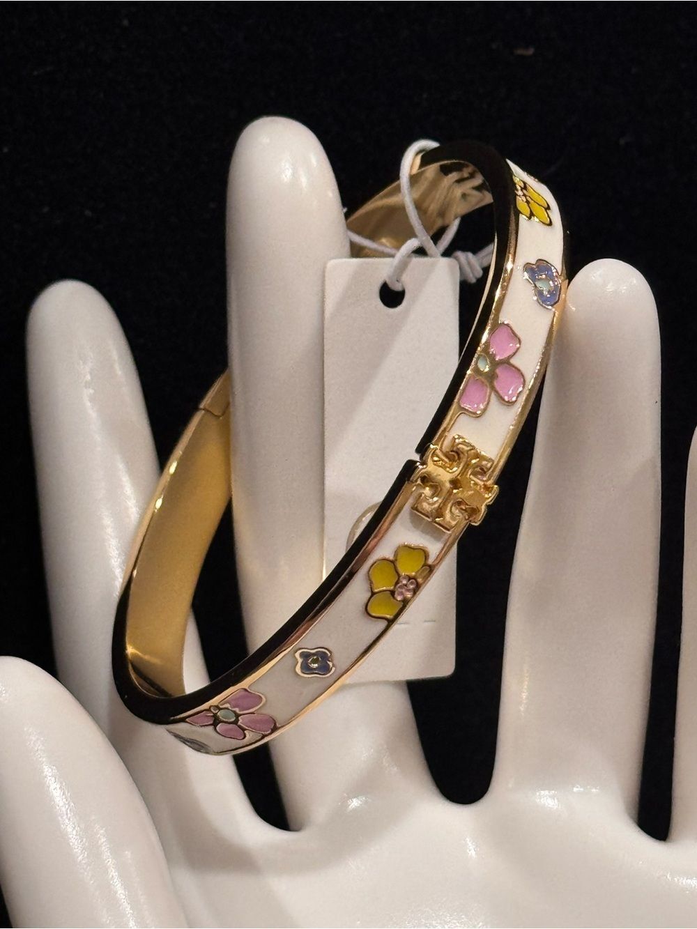 NWT Tory Burch Kira Flora-Print Enamel Hinged Bangle Bracelet Gold Cream - Picture 4 of 13